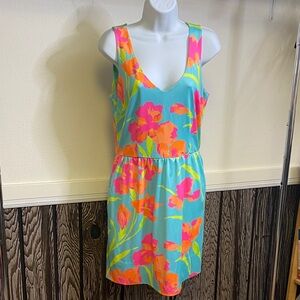 Floral Sleeveless Dress - Blue and Pink with Pockets